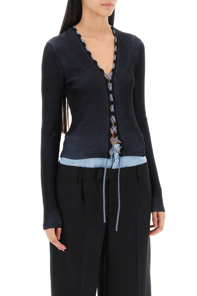Dion lee two-tone lace-up cardigan C7222F23 BLACK STORM BLUE