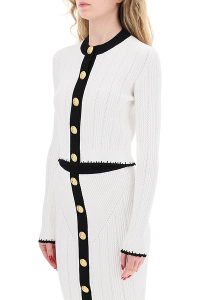 Balmain bicolor knit cardigan with embossed buttons CF0KL047KG41 BLANC NOIR