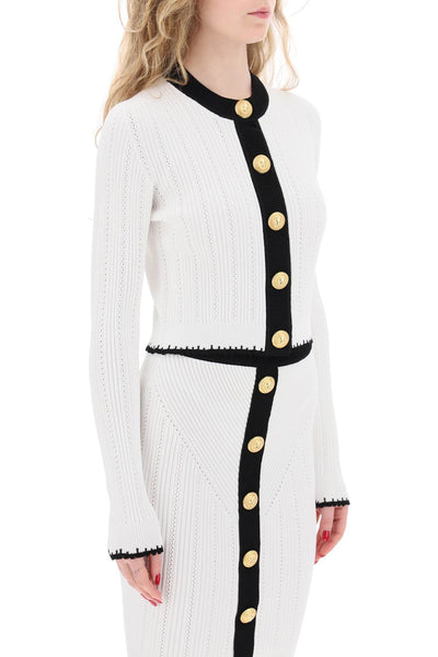 Balmain bicolor knit cardigan with embossed buttons CF0KL047KG41 BLANC NOIR