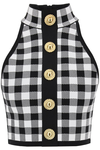 Balmain gingham knit cropped top with embossed buttons CF1AB018KF51 NOIR BLANC