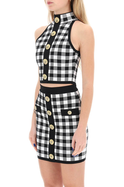 Balmain gingham knit cropped top with embossed buttons CF1AB018KF51 NOIR BLANC