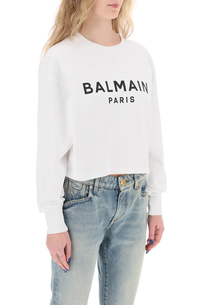 Balmain cropped sweatshirt with flocked logo CF1JO065BB02 BLANC NOIR