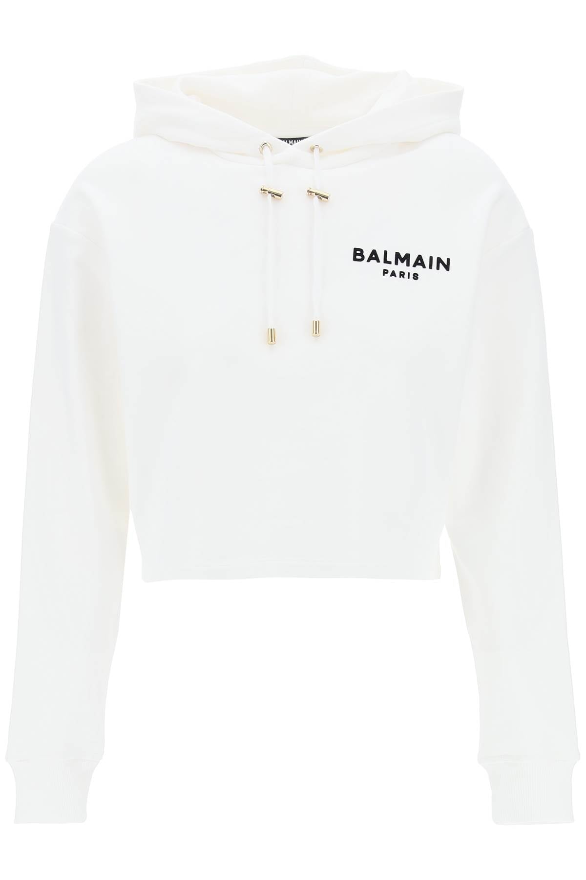 Balmain cropped hoodie with flocked logo CF1JP040BB01 BLANC NOIR