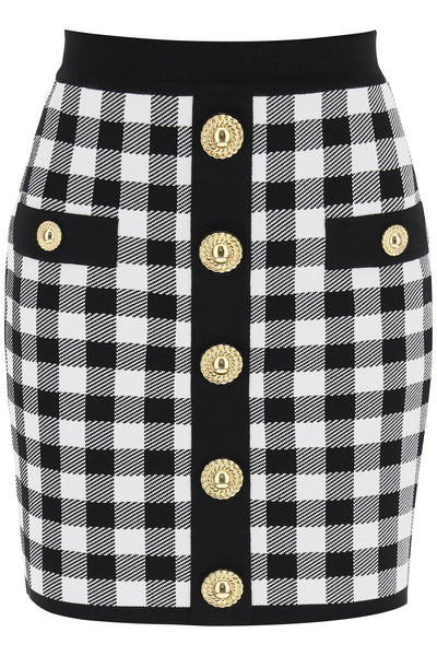 Balmain gingham knit mini skirt with embossed buttons CF1LB292KF51 NOIR BLANC