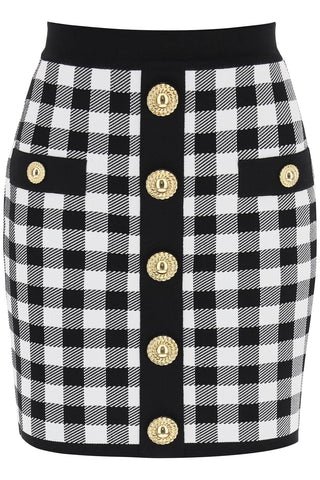 Balmain gingham knit mini skirt with embossed buttons CF1LB292KF51 NOIR BLANC