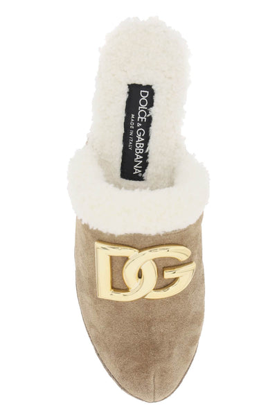 Dolce & gabbana suede and faux fur clogs with dg logo. CV0077 AN339 MARRONE BIANCO