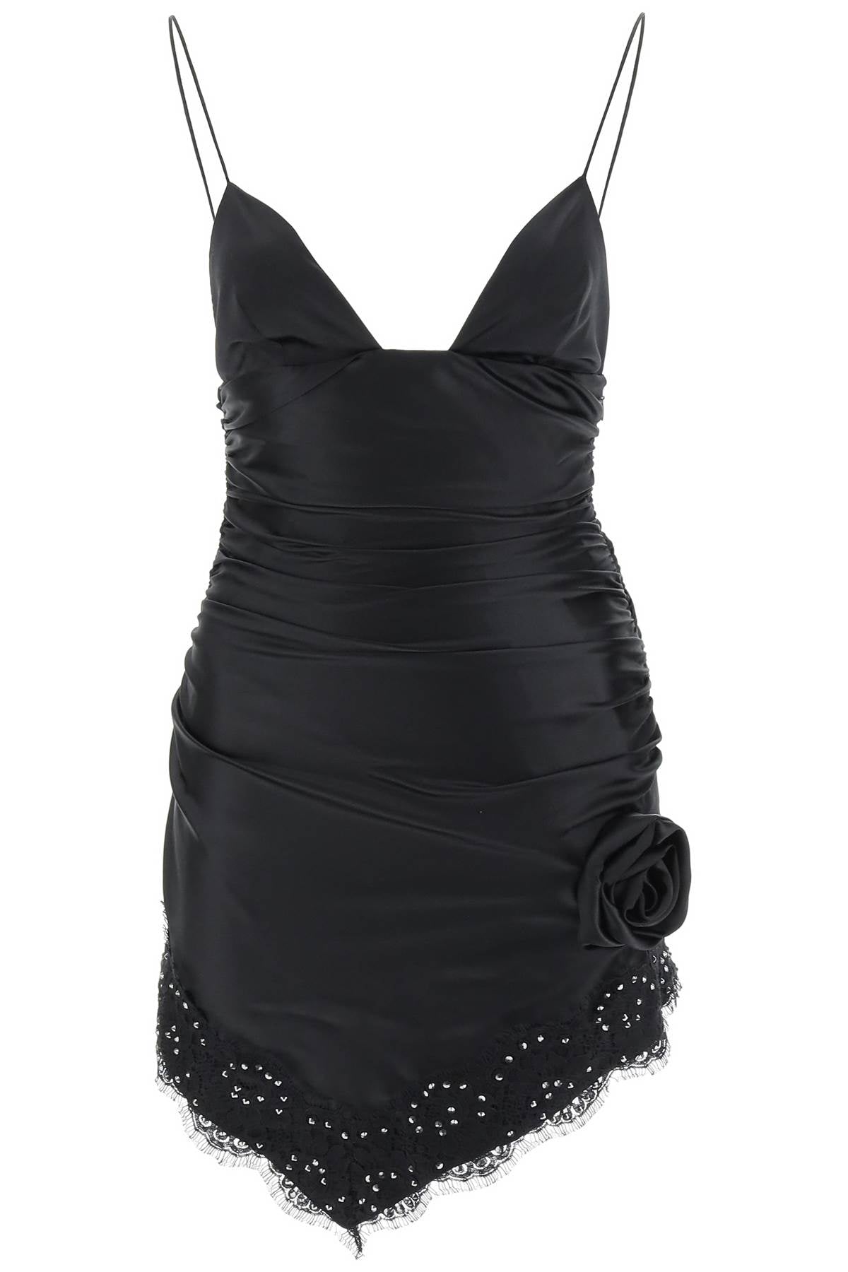Alessandra rich ruched mini dress with diamant√© lace trim FAB3303 F3912 BLACK