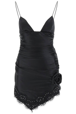Alessandra rich 褶飾迷你洋裝，搭配鑽石蕾絲飾邊 FAB3303 F3912 黑色