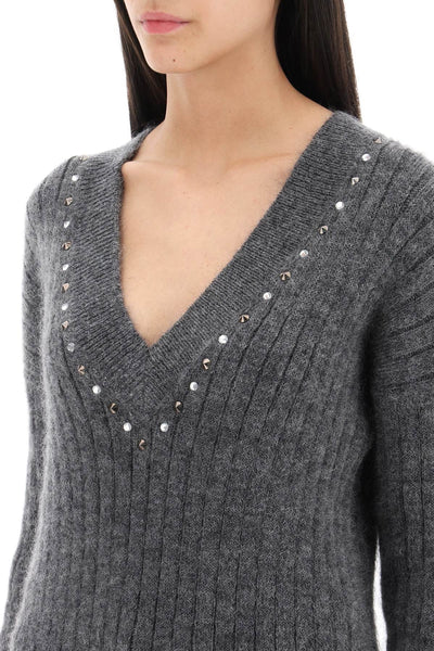Alessandra 飾有鉚釘和水晶的豐富羊毛針織毛衣 FAB3486 K4058 灰色混合色