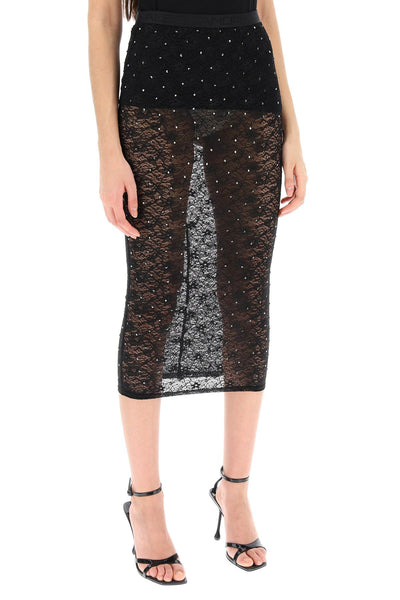 Alessandra rich midi skirt in lace with rhinestones FABX3607 P4206 BLACK