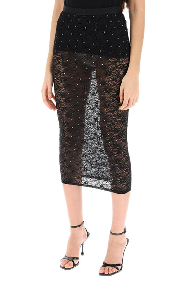 Alessandra rich midi skirt in lace with rhinestones FABX3607 P4206 BLACK