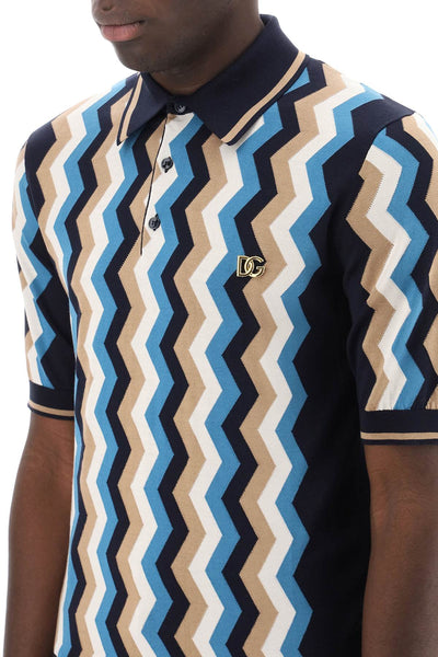 Dolce & gabbana silk polo shirt with zigzag in GXZ02T JBSH1 BLU SABBIA PETROL BI