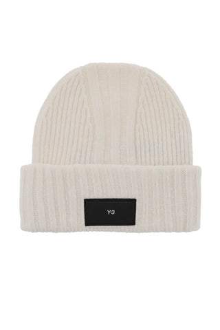 Y-3 beanie hat in ribbed wool with logo patch IL6964 TALC