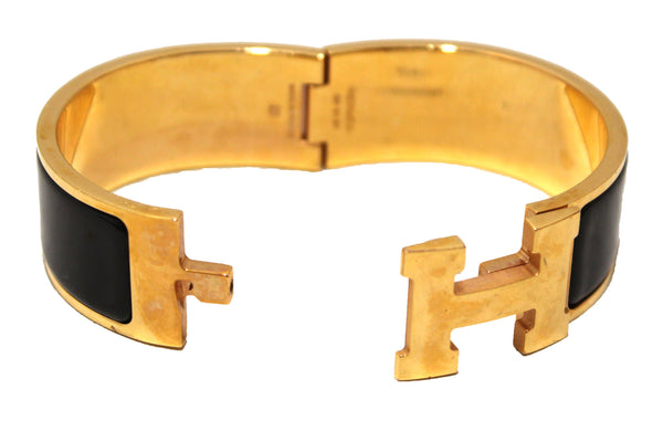 Hermes Black Enamel with Gold Plated Wide Clic Clac H GM Bangle