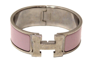 Hermes Rose Candeur Enamel With Silver Plated Wide Clic Clac H PM Bangle