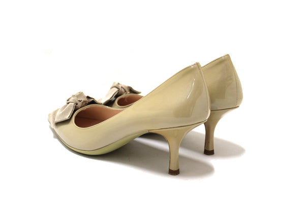 Prada Calzature Donna Shimmer Beige Bow Patent Leather Kitten Heel Shoes Size 37