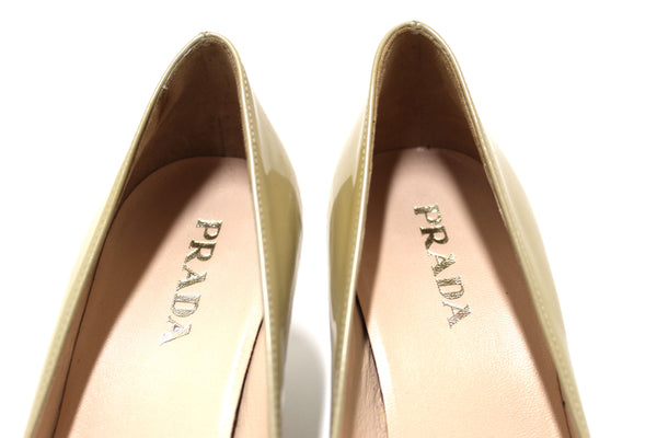 Prada Calzature Donna Shimmer Beige Bow Patent Leather Kitten Heel Shoes Size 37
