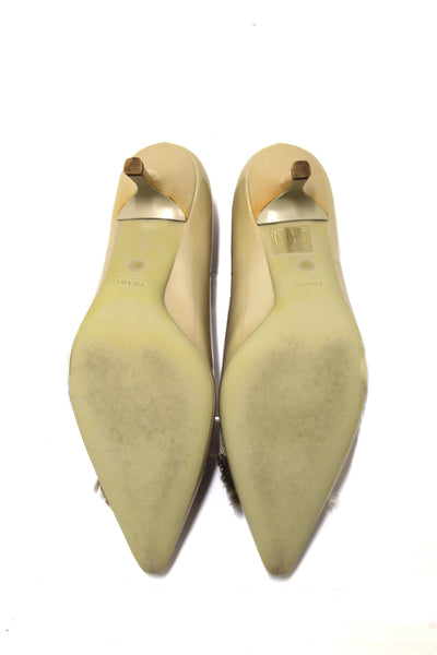 Prada Calzature Donna Shimmer 米色蝴蝶結漆皮貓跟鞋，尺寸 37