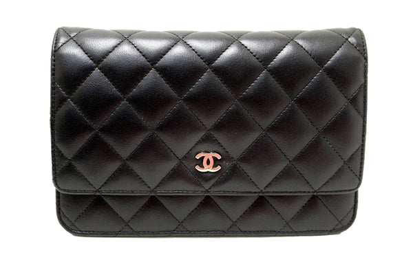 Chanel 黑色絎縫小羊皮皮革皮夾鏈 WOC 郵差包