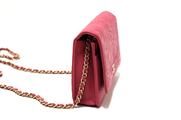 Chanel Pink Camellia Lambskin Leather Wallet On Chain/Clutch Bag