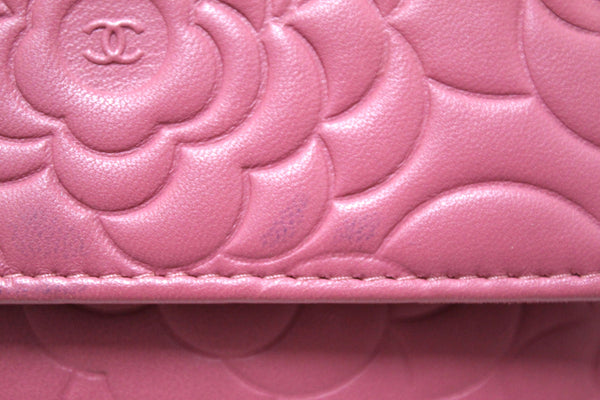 Chanel Pink Camellia Lambskin Leather Wallet On Chain/Clutch Bag