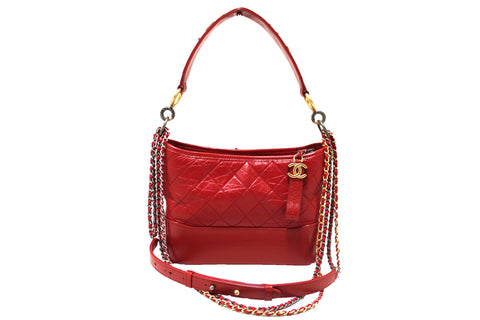 Chanel Red Aged Calfskin Leather Small Gabrielle Hobo Crossbody Bag