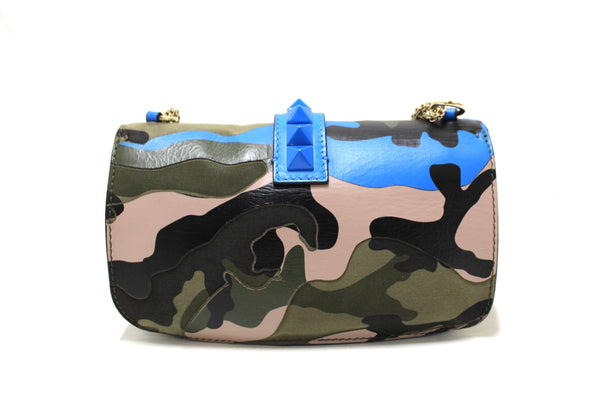 Valentino Garavani Blue Nappa Canvas Camouflage Medium Glam Lock Rockstud Flap