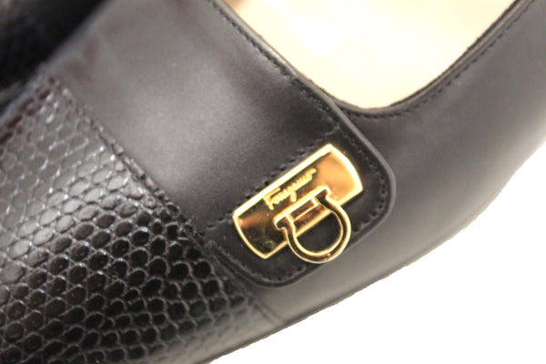 Salvatore Ferragamo Black Calfskin Leather with Black Lizard Leather Pumps Size 5.5B