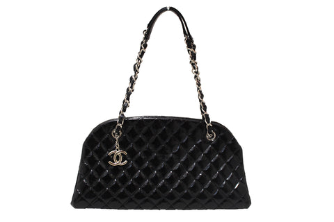 Chanel Black Patent Quilted Medium Just Mademoiselle Bowling Bag