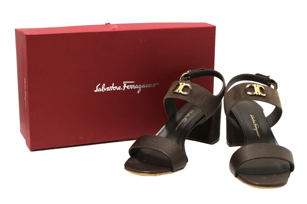 NEW Salvatore Ferragamo Brown Calf Leather with Muschio Suede Cayla 55 Sandal Size 9C