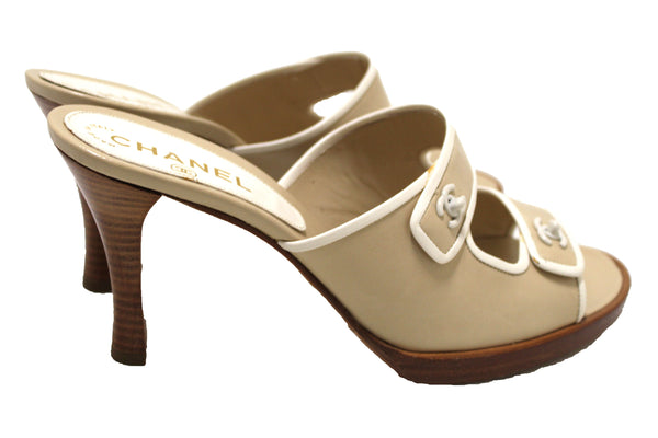 NEW Chanel Chanel Beige Leather Turnlock CC Logo Mule Strap Slide Heel Sandal 40