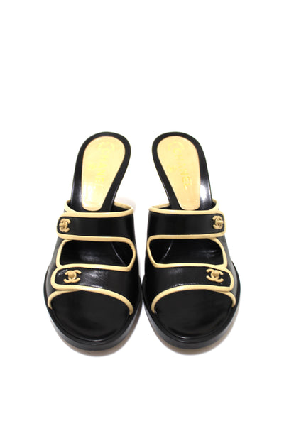 Chanel Chanel Black Leather Turnlock CC Logo Mule Strap Slide Heel Sandal 40