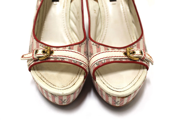 Louis Vuitton Red Mini Lin Croisette Anemone Wedges Sandals Size 36