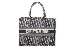 Christian Dior Ecru and Blue Dior Oblique Embroidery Medium Dior Book Tote