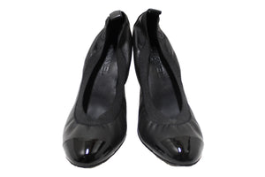 Chanel Black Leather Elastic Cap-Toe CC Scrunch Ballet Pumps Size 40.5