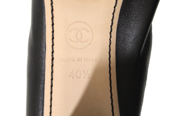 香奈兒（Chanel）黑色皮革彈性腳趾CC螺旋芭蕾舞泵尺寸40.5