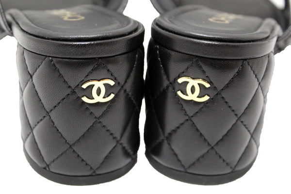 NEW Chanel Black Lambskin with Mesh Strappy Block-Heel Mules Size 40.5