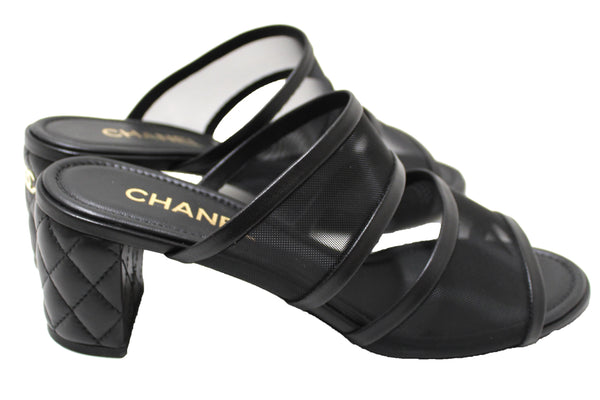 NEW Chanel Black Lambskin with Mesh Strappy Block-Heel Mules Size 40.5