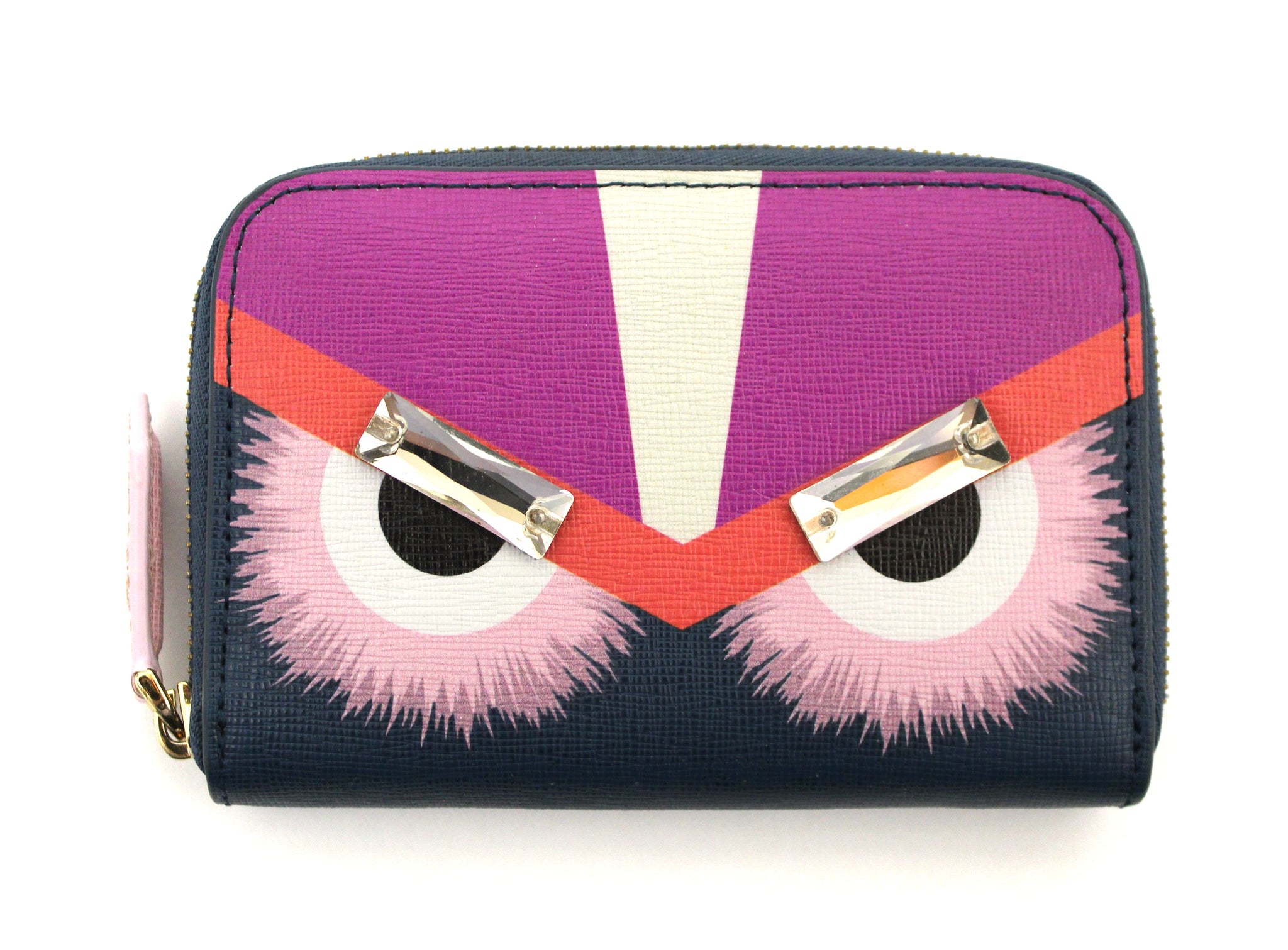 罕見的Fendi藍色/紫色/粉紅色皮革怪物眼睛施華洛世奇水晶小Zippy錢包