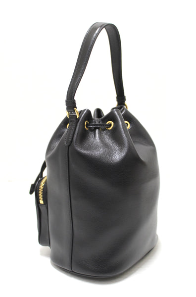 New Prada Black Calf Leather Duet Drawstring Bucket Messenger Bag 1BH038