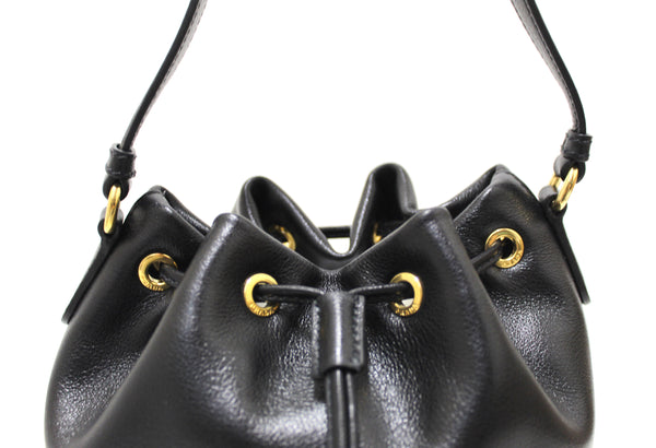 New Prada Black Calf Leather Duet Drawstring Bucket Messenger Bag 1BH038