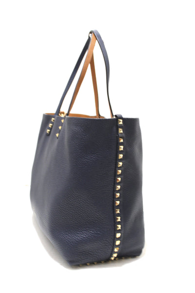Valentino Brown/Blue Leather Rockstuds Reversible Tote Shoulder Bag