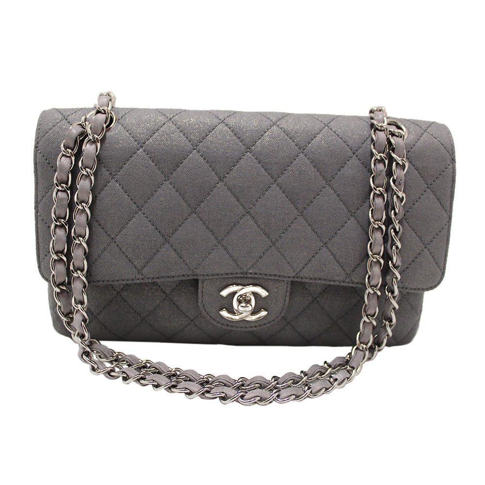 Chanel Grey Glitter Canvas Medium Classic Flap Shoulder Chain Bag – Italy  Station