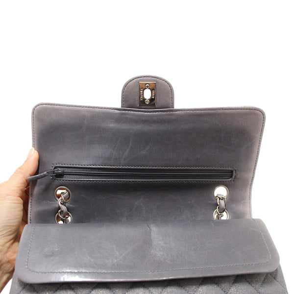 Chanel Grey Glitter Canvas Medium Classic Flap Shoulder Chain Bag