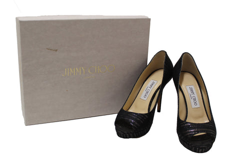 New Jimmy Choo Black/Gold Canvas Open Toe Pumps Shoes Size 37