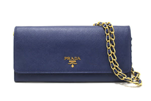 Prada Blue Saffiano Leather Wallet With Chain