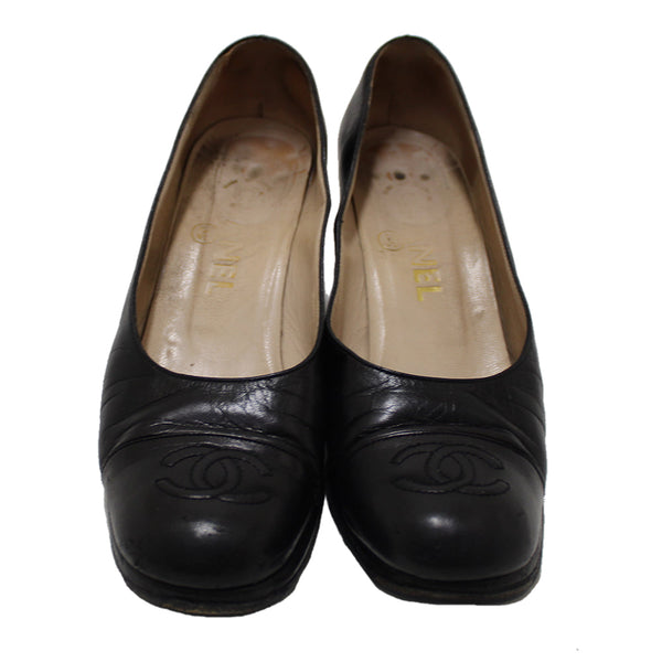 Chanel Black Leather Classic Cap Toe Heels Pumps Shoes Size 38