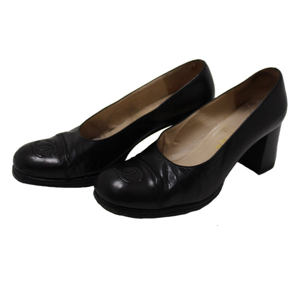 Chanel Black Leather Classic Cap Toe Heels Pumps Shoes Size 38
