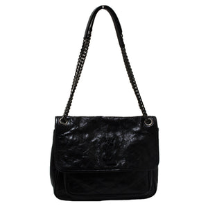 YSL Yves Saint Laurent Black Crinkled Leather Medium Niki Shoulder Bag