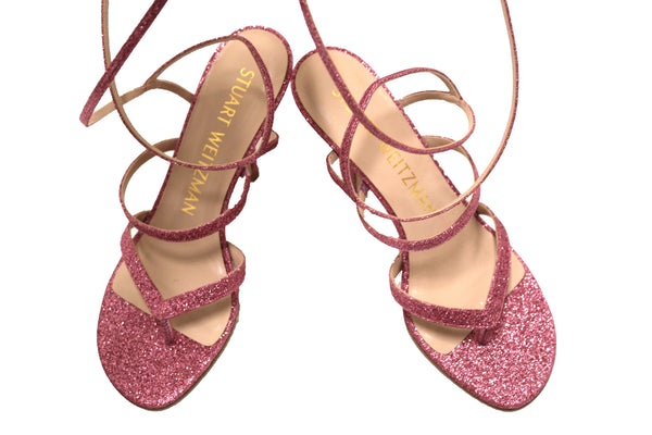 新的Stuart Weitzman Glitter粉紅色Julina高跟綁帶涼鞋